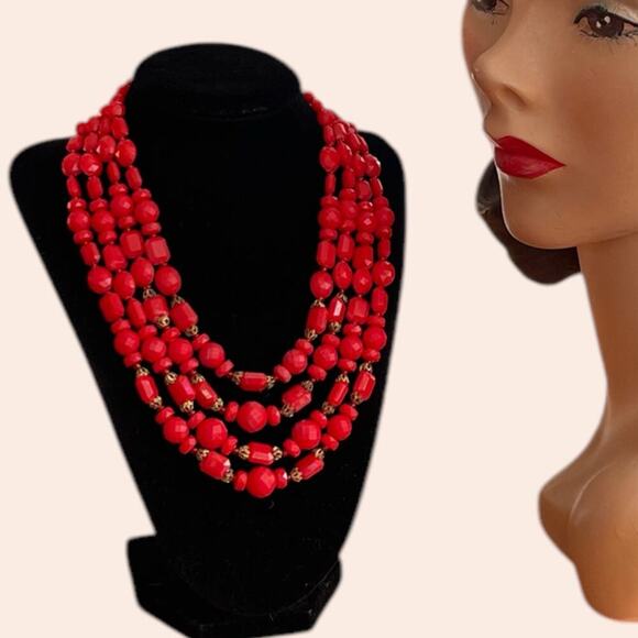 Vintage Red Four Strand Necklace Western Germany Faceted Acrylic AB Finish - Picture 2 of 10